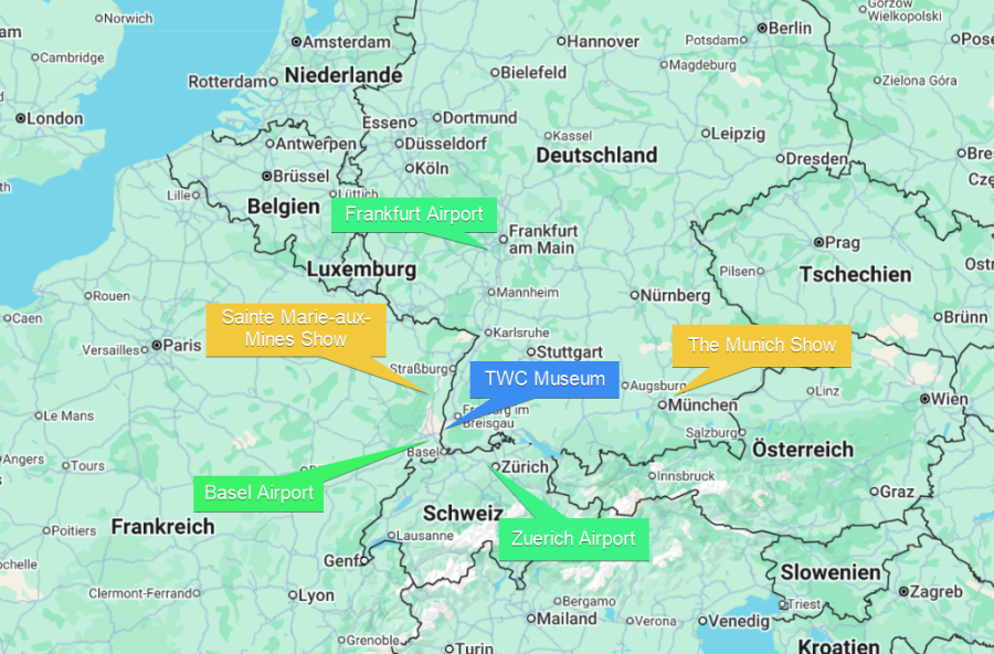 Map showing Müllheim between Basel and Freiburg